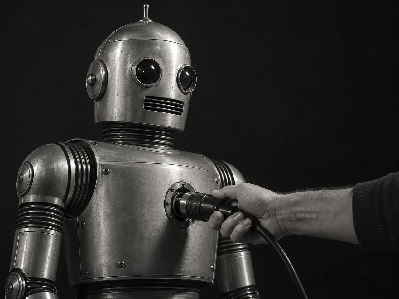 A human hand plugs a cable into the chest of a retro metal robot, photographed in black and white.
