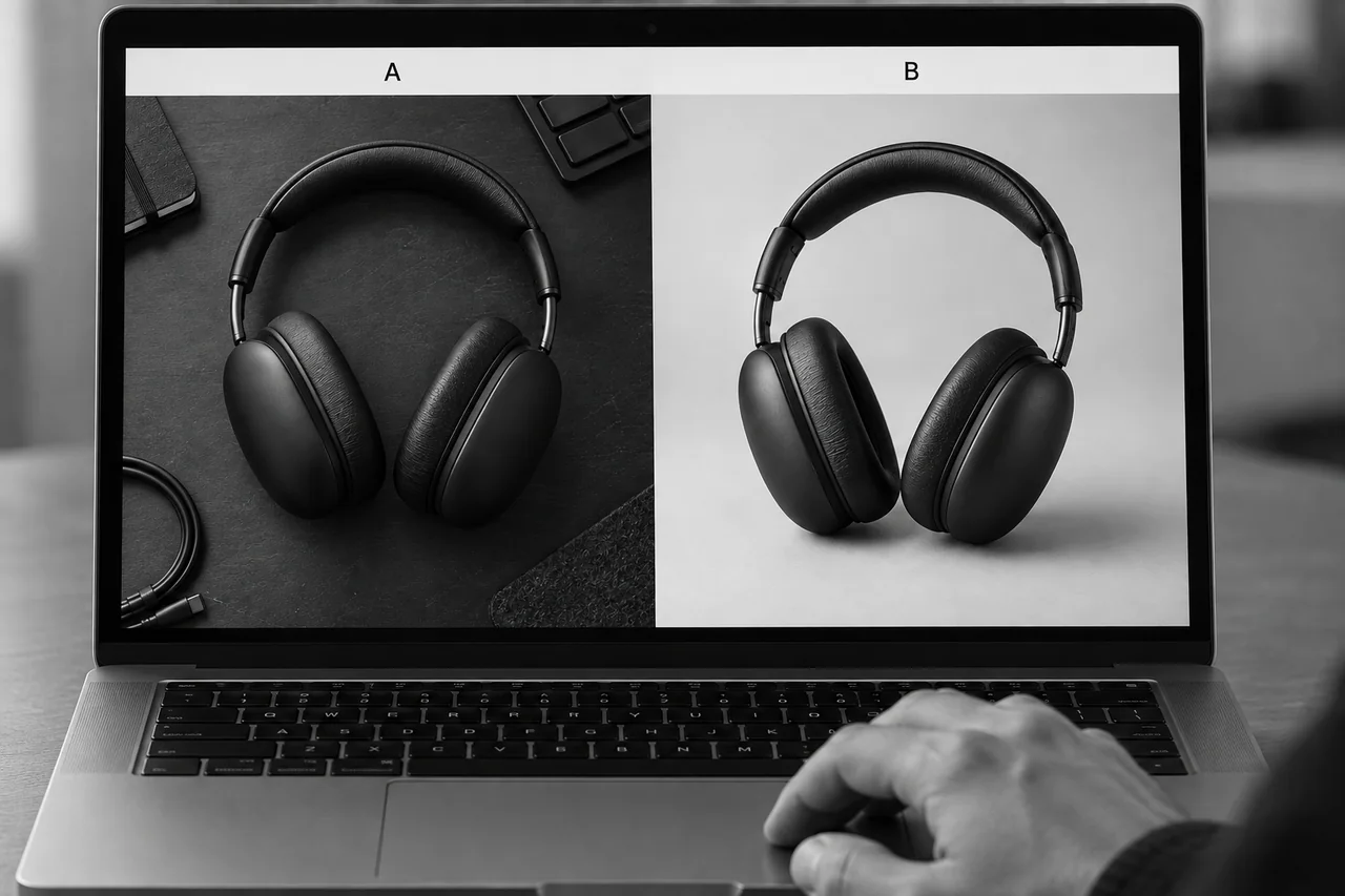 Close view of a laptop displaying two headphone photos, with a hand on the trackpad. Photo A uses a busy desk; photo B has a clean backdrop.